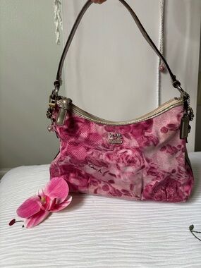 Coach Pink Floral Canvas Shoulder Bag with Metallic Trim